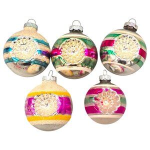 Lot Of 5 Shiny Brite Double Indent DROP BALL Glass Christmas Ornaments Stripes